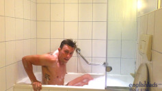 Young Stud Cameron Wanks his Big Uncut Cock in a Bath Whilst Travelling around Europe & Squirts Big!