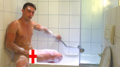 Young Stud Cameron Wanks his Big Uncut Cock in a Bath Whilst Travelling around Europe & Squirts Big!