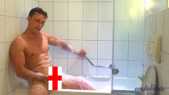 Young Stud Cameron Wanks his Big Uncut Cock in a Bath Whilst Travelling around Europe & Squirts Big!