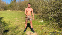 Muscular Hunk Carter Wanks his Huge Uncut Cock & Fingers his Tight Hole in a Field & Finishes at Home!