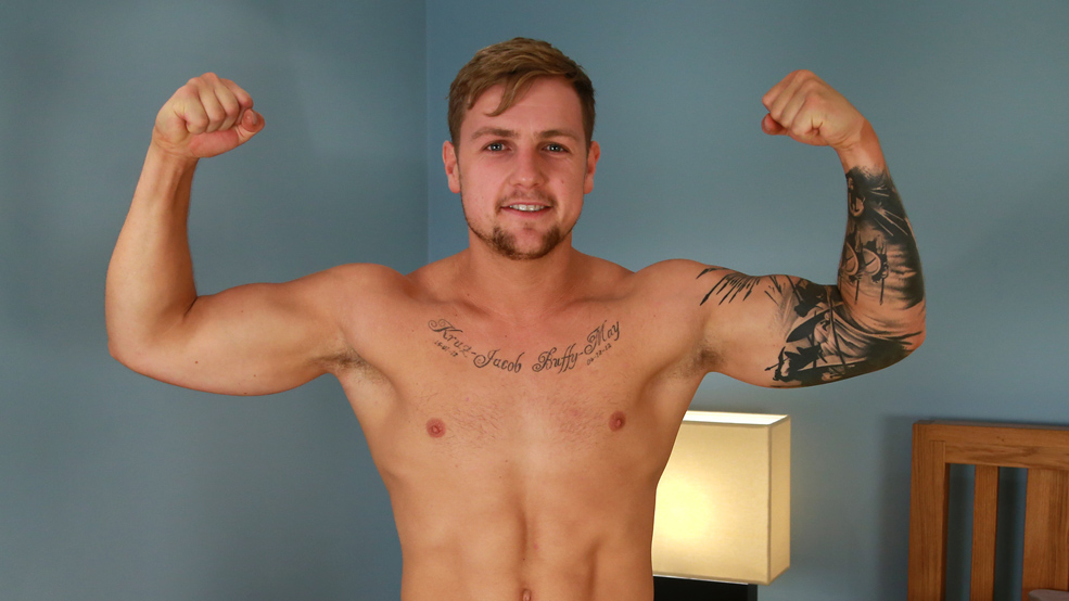 Bonus Video of Ralph's Photo Shoot - Muscular Young PT Flexes and Shoots Big from his Uncut Cock!