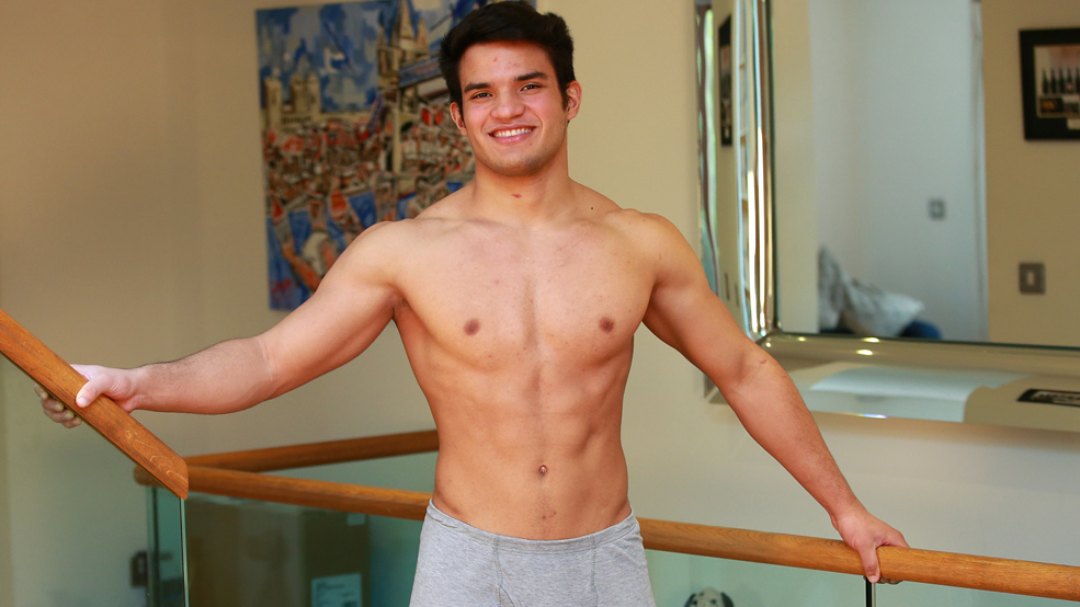 Young Athletic Wrestler Javier Rodiguez Shows off his Muscles and Rock Solid Uncut Erection!